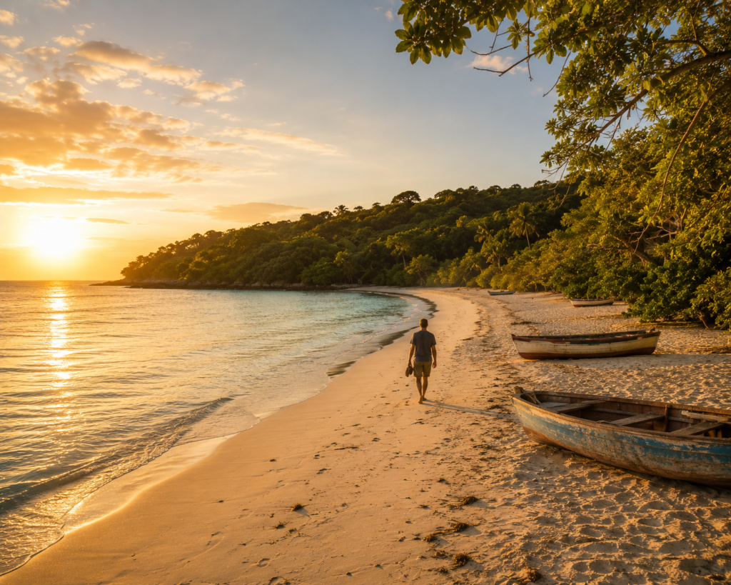 Cheapest time to visit Jamaica feature image — quiet Jamaican beach almost empty at golden hour with white sand, fishing boats pulled up on the shore, a solo traveler walking the waterline, lush tropical vegetation and calm turquoise Caribbean Sea representing the peaceful solitude and lower costs of low season Jamaica