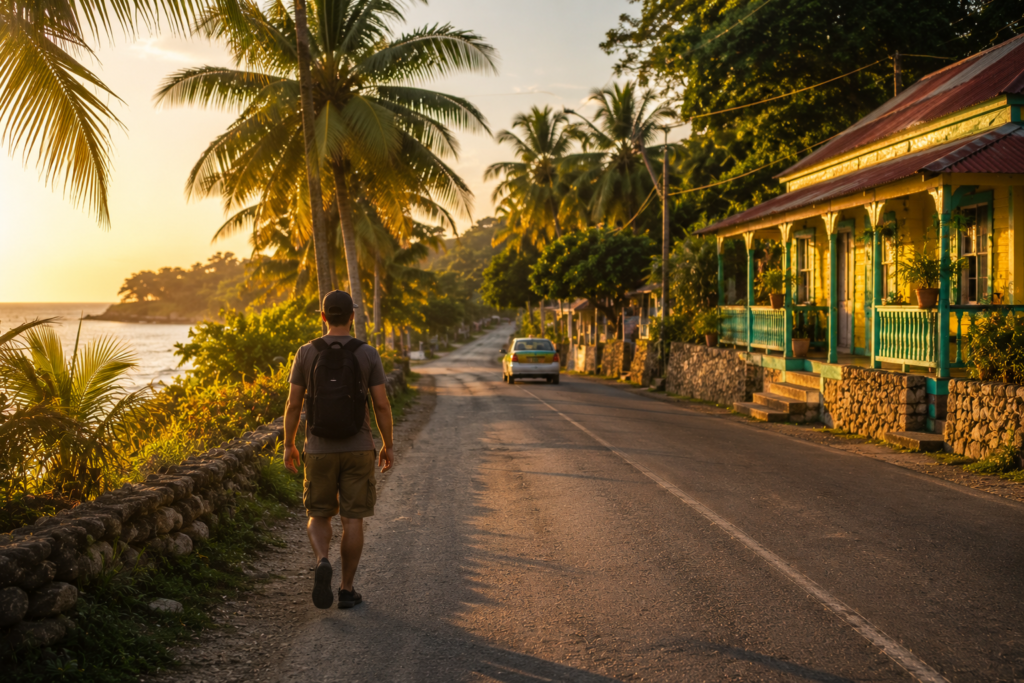 How to travel Jamaica without a resort feature image — solo traveler walking confidently along a quiet coastal road at golden hour with palm trees, a colorful local guesthouse ahead, and the turquoise Caribbean Sea visible through vegetation representing independent travel beyond the resort compound