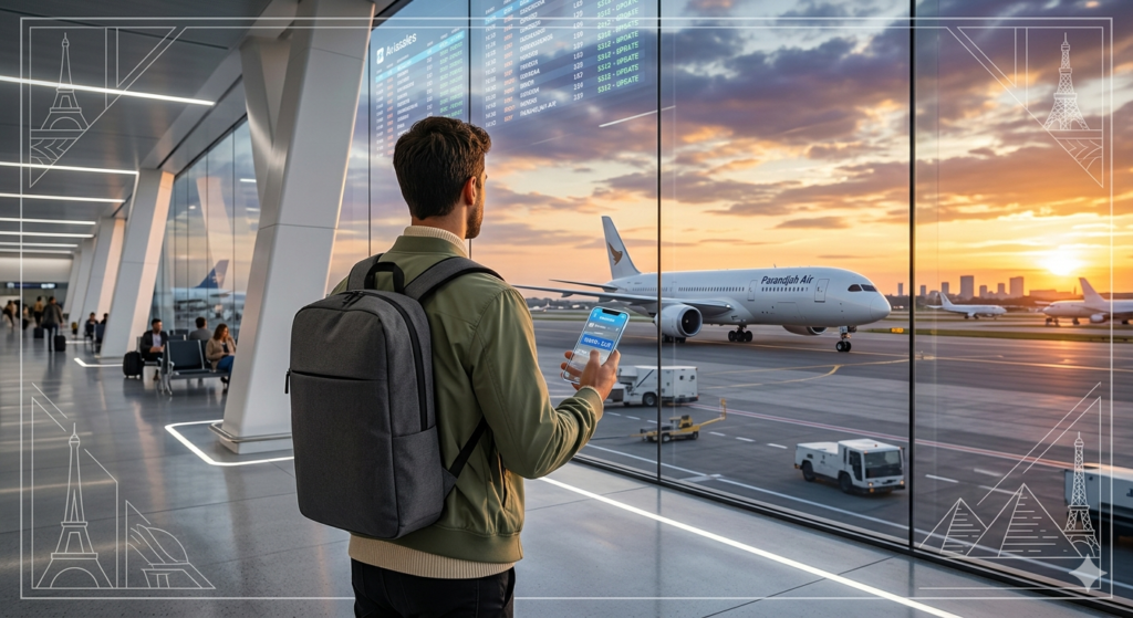 Professional traveler booking cheap 2026 flights at sunset - Parandjah Travels Guide