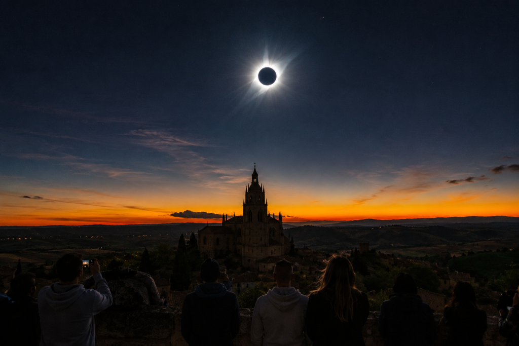 Total solar eclipse 2026 travel guide feature image — total solar eclipse at the moment of totality showing the white solar corona radiating against a deep blue-black midday sky with orange-red horizon glow and silhouetted medieval Spanish cathedral landscape with awestruck viewers