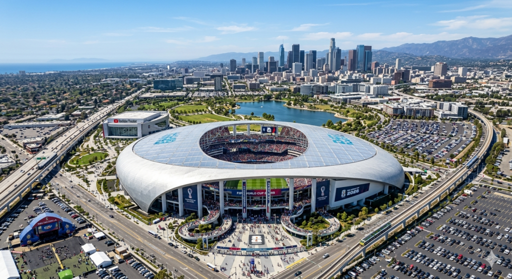 Aerial view of SoFi Stadium in Los Angeles featuring FIFA World Cup 2026 branding and the iconic translucent canopy roof.