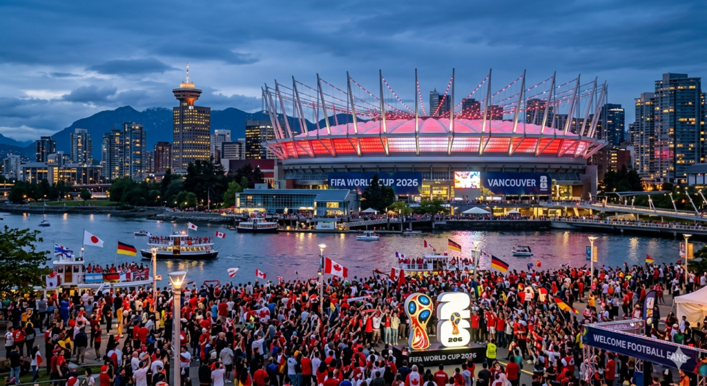 A high-angle view of BC Place Stadium in Vancouver prepared for the FIFA World Cup 2026 with fans arriving for a match