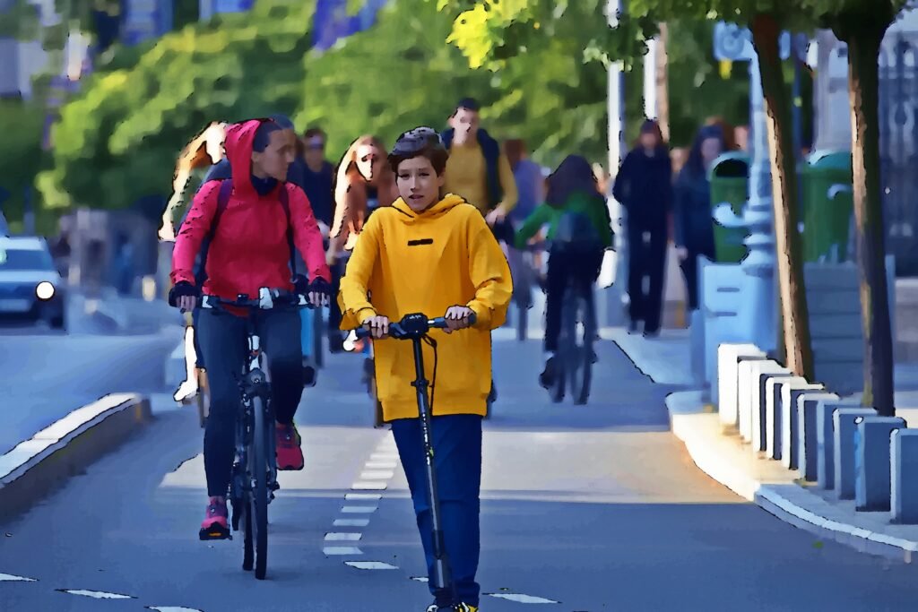Woman riding the best commuter e-bike 2026 through a busy city bike lane in Vancouver during the World Cup summer.