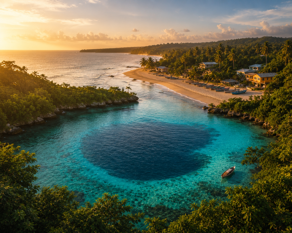 Best places to visit in Jamaica on a budget — layered turquoise Blue Lagoon in Portland surrounded by jungle alongside a quiet Treasure Beach scene with fishing boats and simple guesthouses