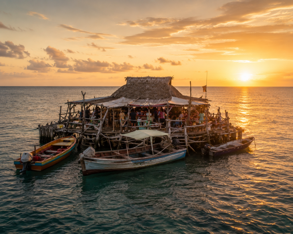 Best places Jamaica budget feature image — Pelican Bar at golden hour showing the distinctive wooden bar structure built on stilts on a sandbank in the open sea surrounded by water with wooden boats moored alongside representing Jamaica's most eccentric and authentic budget attraction