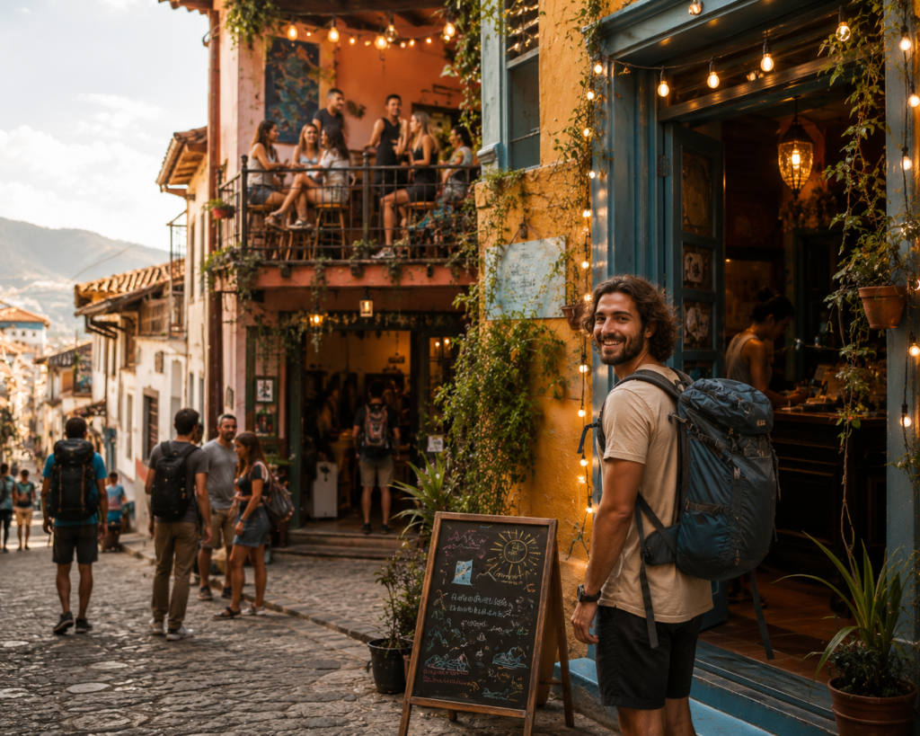 Budget travel tips for beginners feature image — smiling solo traveler with backpack at the entrance of a colorful budget hostel in a charming old-town street with string lights, plants, and other travelers chatting on the terrace above representing the welcoming social atmosphere of budget travel