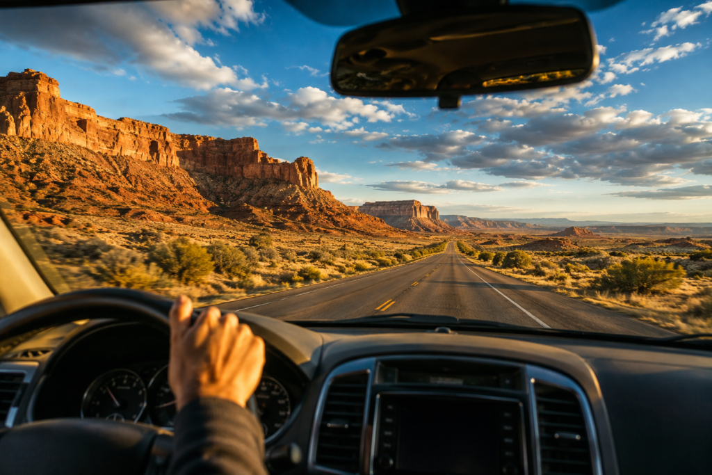 Car rental for vacation trips feature image — driver's perspective through windshield of open highway stretching toward the horizon through dramatic desert landscape with golden rock formations and blue sky