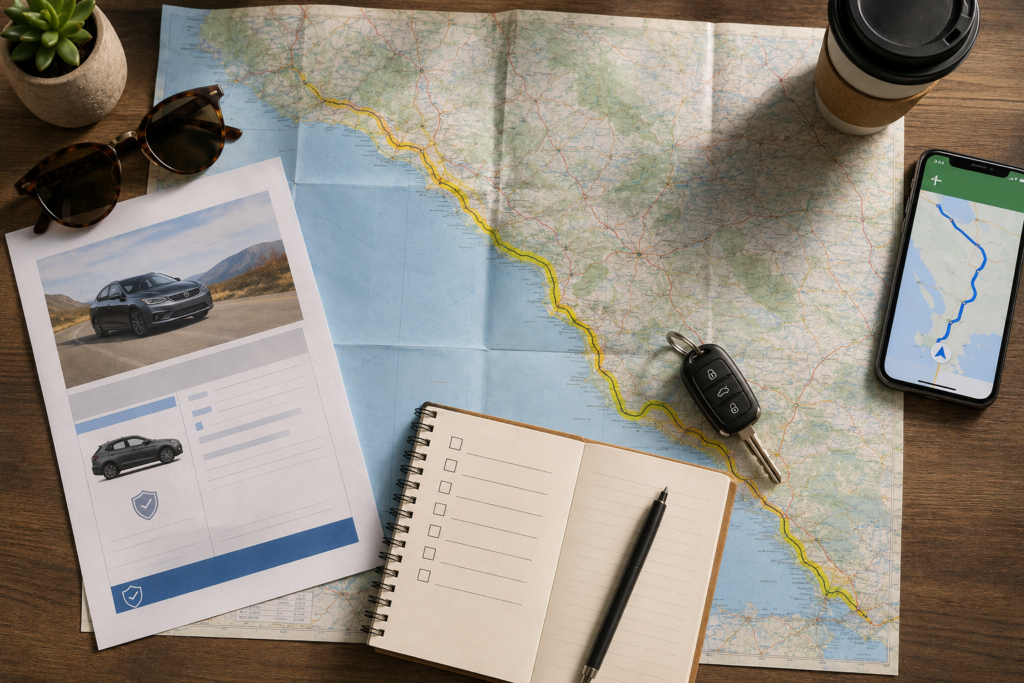 Car rental for vacation trips road trip planning — open coastal route map with yellow highlight, rental car booking confirmation, driving itinerary notebook, car keys, smartphone navigation and sunglasses representing the complete road trip planning setup