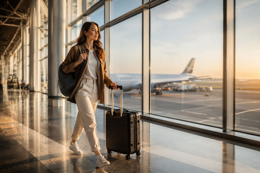 Carry-on only packing guide feature image — confident solo female traveler walking through a bright airport terminal with a single compact carry-on suitcase and backpack over one shoulder moving freely toward the gate representing the freedom and efficiency of one-bag travel