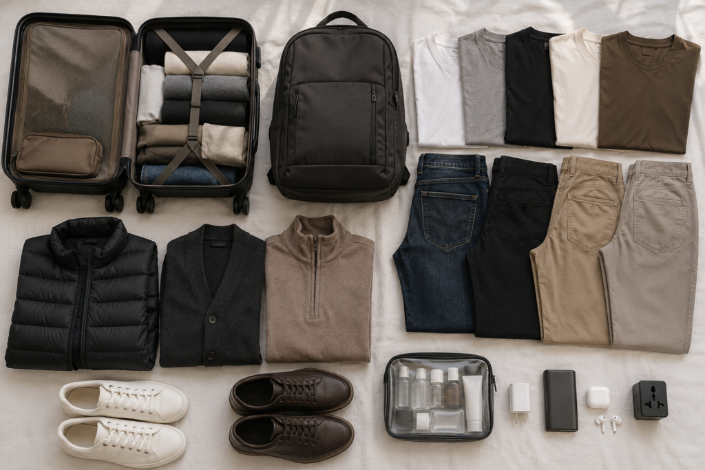 Carry-on only packing guide one bag capsule wardrobe — open carry-on suitcase and backpack personal item beside a neatly laid out capsule wardrobe of neutral tops bottoms layers shoes clear toiletry bag and compact tech kit representing the complete one-bag travel packing system