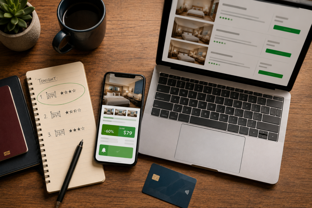 Cheap accommodation last minute booking — smartphone showing discounted hotel deal highlighted in green beside laptop booking comparison, credit card, travel notebook and passport representing the last-minute hotel booking process