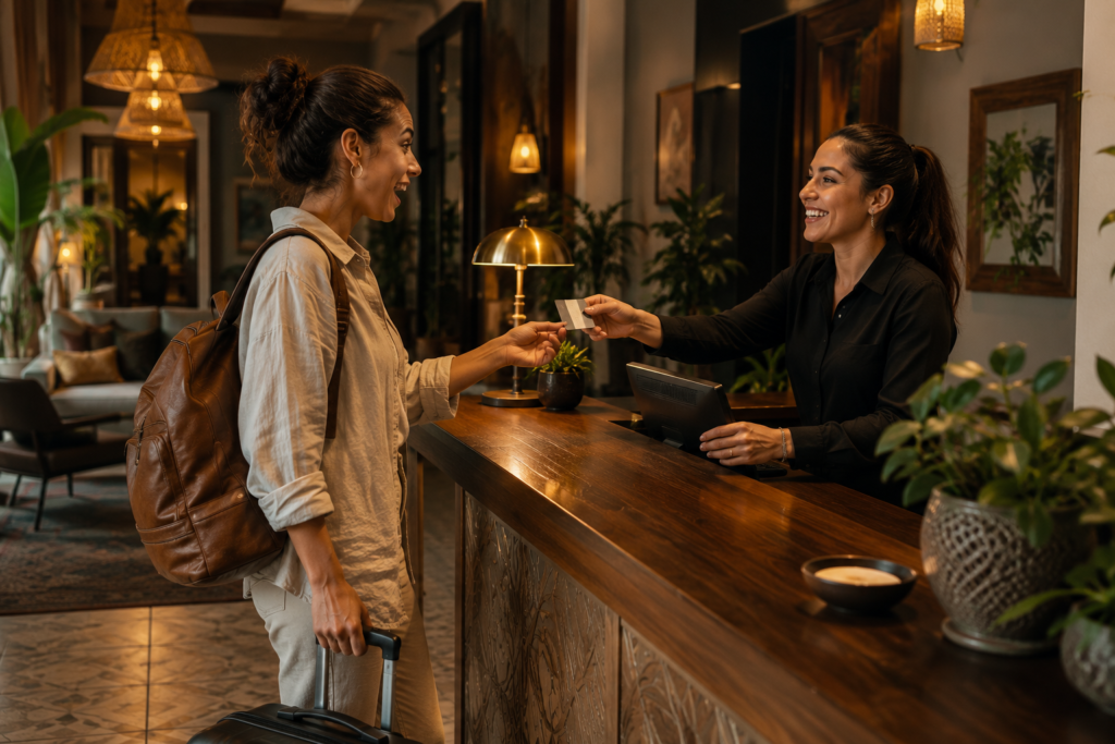 Cheap accommodation last minute feature image — solo traveler receiving key card from smiling front desk clerk at charming boutique hotel lobby representing a successful last-minute hotel booking