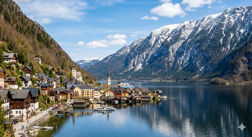 Aerial view of a traditional Austrian alpine village on a lake with snow-capped mountains and historic chalets.