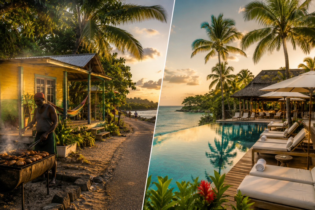 How much does it cost to travel to Jamaica feature image — split scene showing a simple authentic guesthouse with hammock and roadside jerk grill beside a luxurious all-inclusive resort infinity pool overlooking turquoise water representing the two completely different ways to experience Jamaica