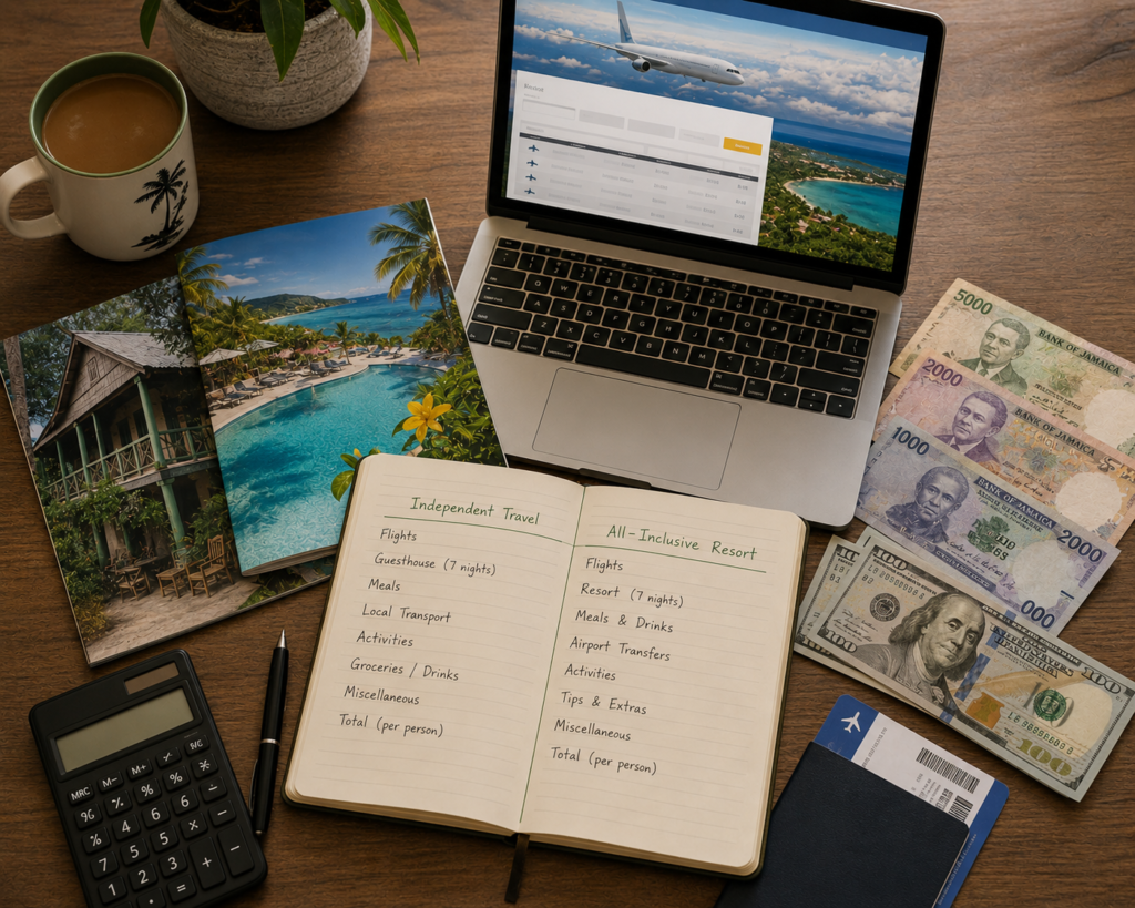 How much does it cost to travel to Jamaica flight resort comparison — notebook with handwritten budget vs all-inclusive cost table, laptop flight search, Jamaican and US dollar bills, boarding pass, calculator and contrasting guesthouse and resort brochures
