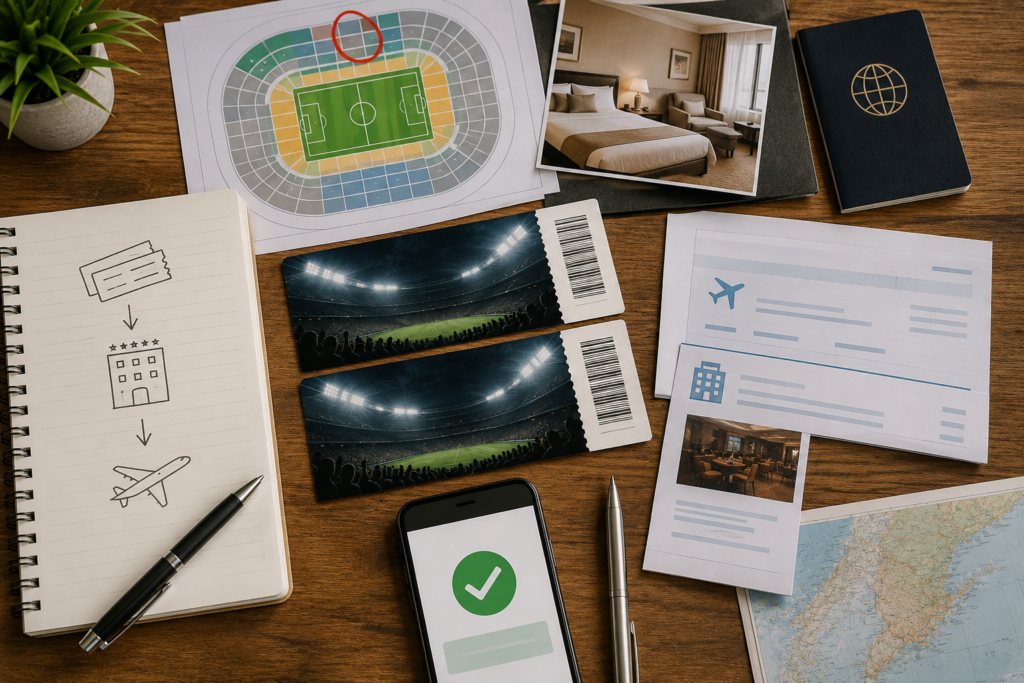 How to plan a sports trip event ticket planning — two event tickets at center beside stadium seating map, hotel confirmation, flight itinerary, planning sequence notebook and passport representing the tickets-first booking approach