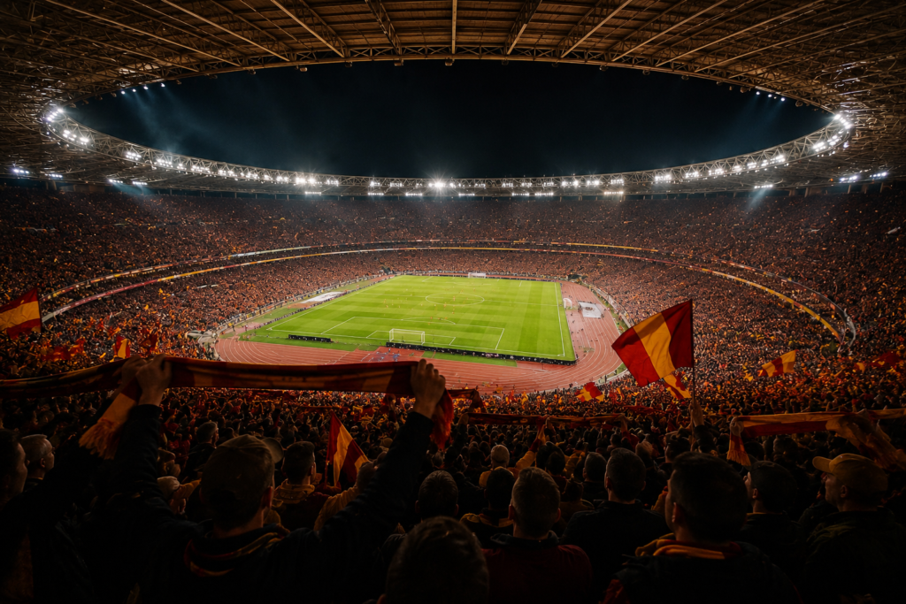 How to plan a sports trip feature image — packed stadium at night with brilliant floodlights illuminating the playing surface and tens of thousands of fans filling every seat representing the energy of major live sports travel