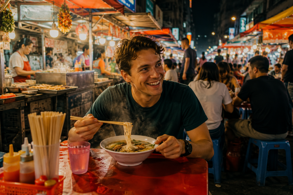 How to save money on food while traveling feature image — traveler eating a bowl of noodle soup at a small plastic table on a vibrant Asian night market street surrounded by colorful stall lights and other diners