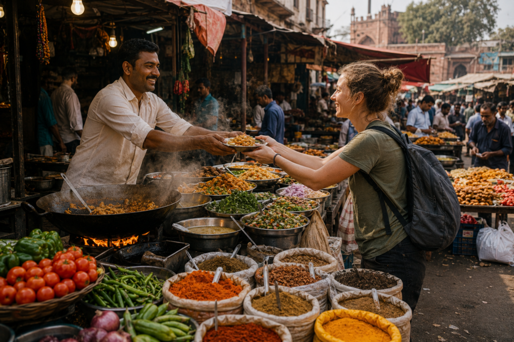 How to save money on food while traveling — vibrant local outdoor market with colorful produce, spice sacks, street food being cooked in a wok, vendor serving a customer and locals browsing representing authentic affordable local food culture
