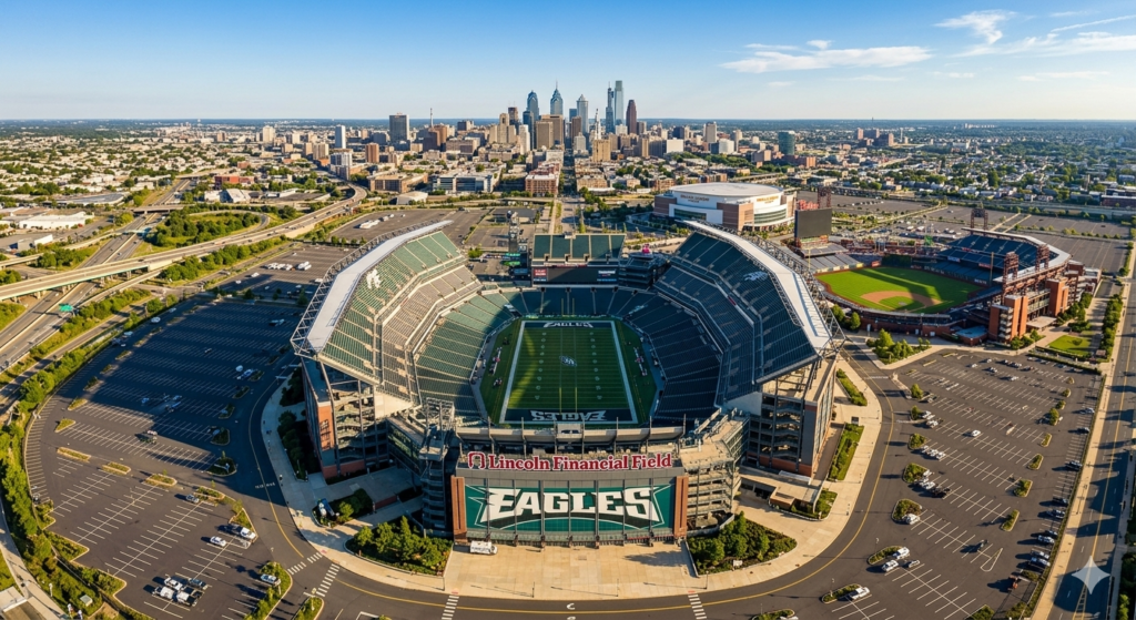 Aerial view of Lincoln Financial Field in Philadelphia featuring FIFA World Cup 2026 branding and the city skyline.