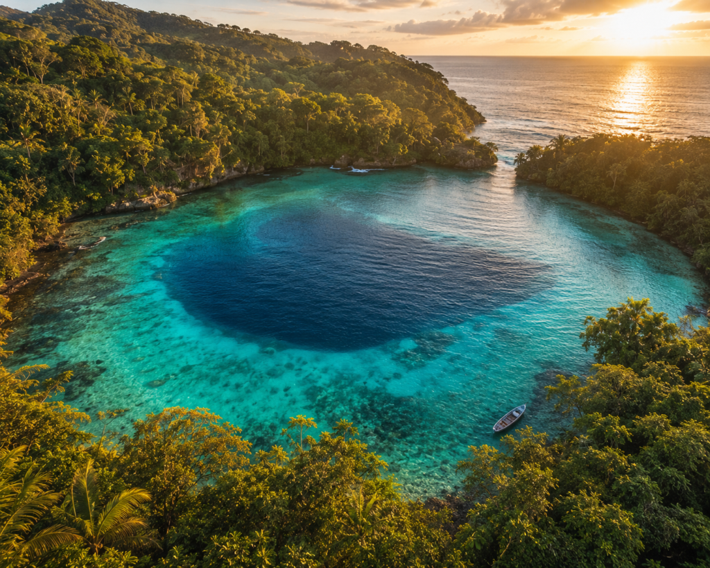 Jamaica budget travel guide feature image — aerial golden hour view of the Blue Lagoon in Portland Parish showing the extraordinary circular lagoon of layered turquoise and deep blue water surrounded by dense tropical jungle with a traditional wooden boat at the edge and the Caribbean Sea visible beyond