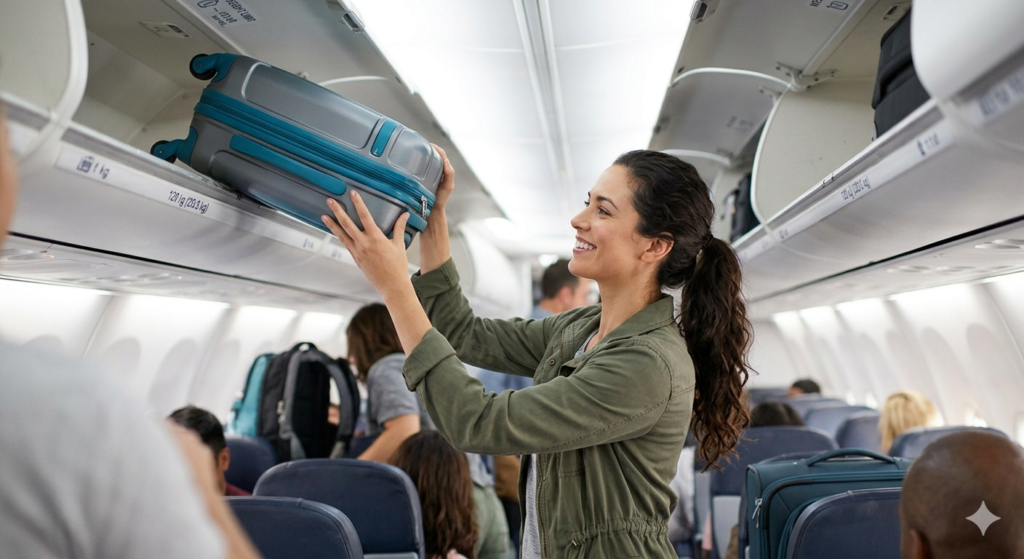A traveler easily lifting a lightweight navy blue carry-on suitcase into an airplane overhead compartment to avoid checked bag fees.