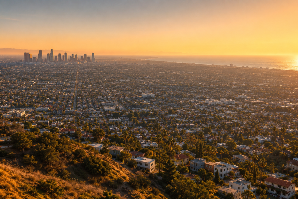 Los Angeles travel guide feature image — aerial golden hour view from the Griffith Hills showing the vast LA Basin grid stretching from the Hollywood Hills foreground to the Pacific Ocean glittering on the horizon with the Downtown skyscraper cluster rising from the urban grid and Santa Monica coast visible as a shimmering blue line representing the extraordinary scale and California light of Los Angeles
