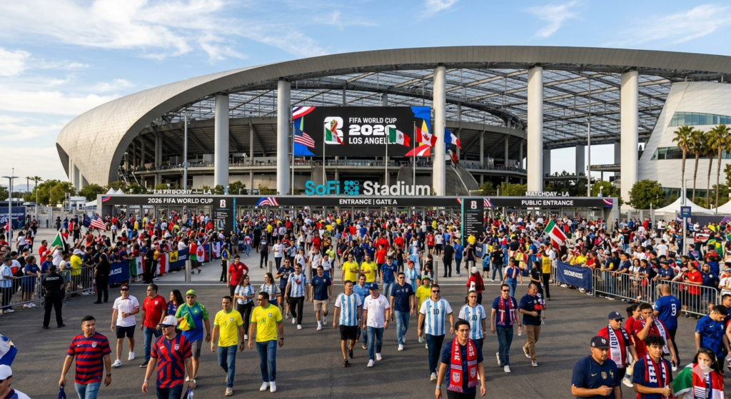 Crowds of fans in international football jerseys walking toward the entrance of SoFi Stadium in Los Angeles for a 2026 World Cup match.