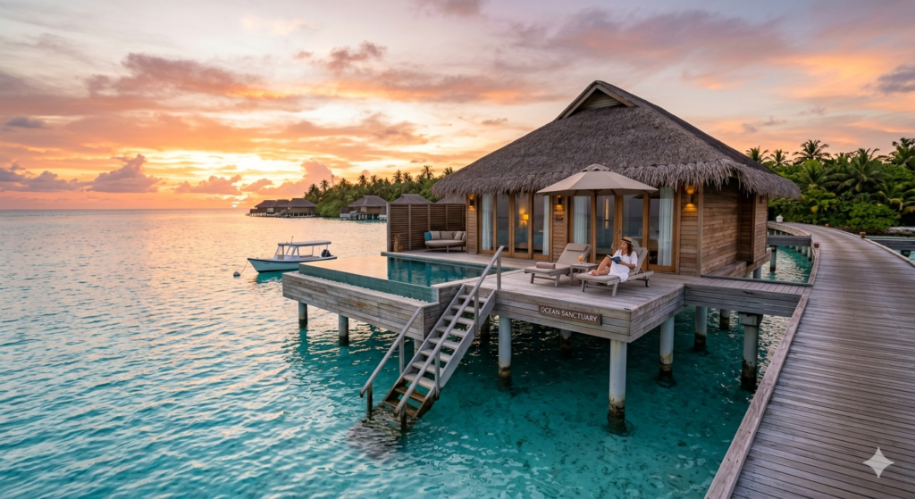 Aerial view of a luxury Maldives overwater villa with a private infinity pool and direct ocean access