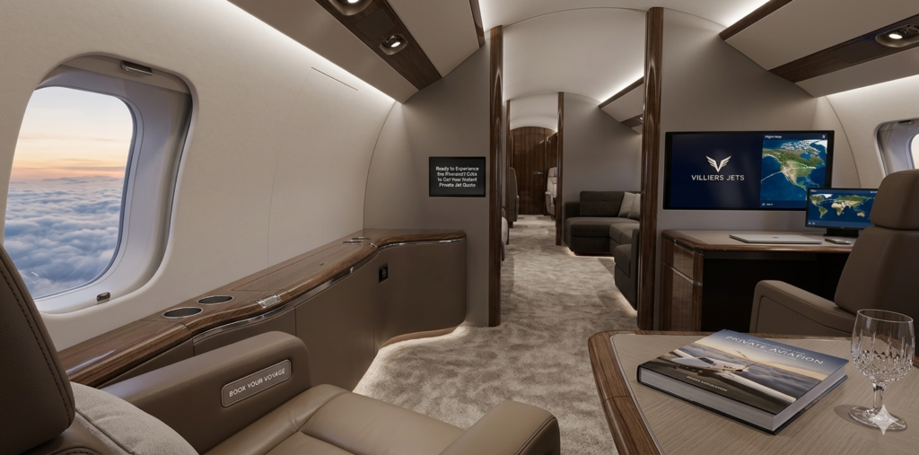 Ultra-luxury interior of a private jet cabin featuring cream leather seats, wood accents, and sunset views from the window