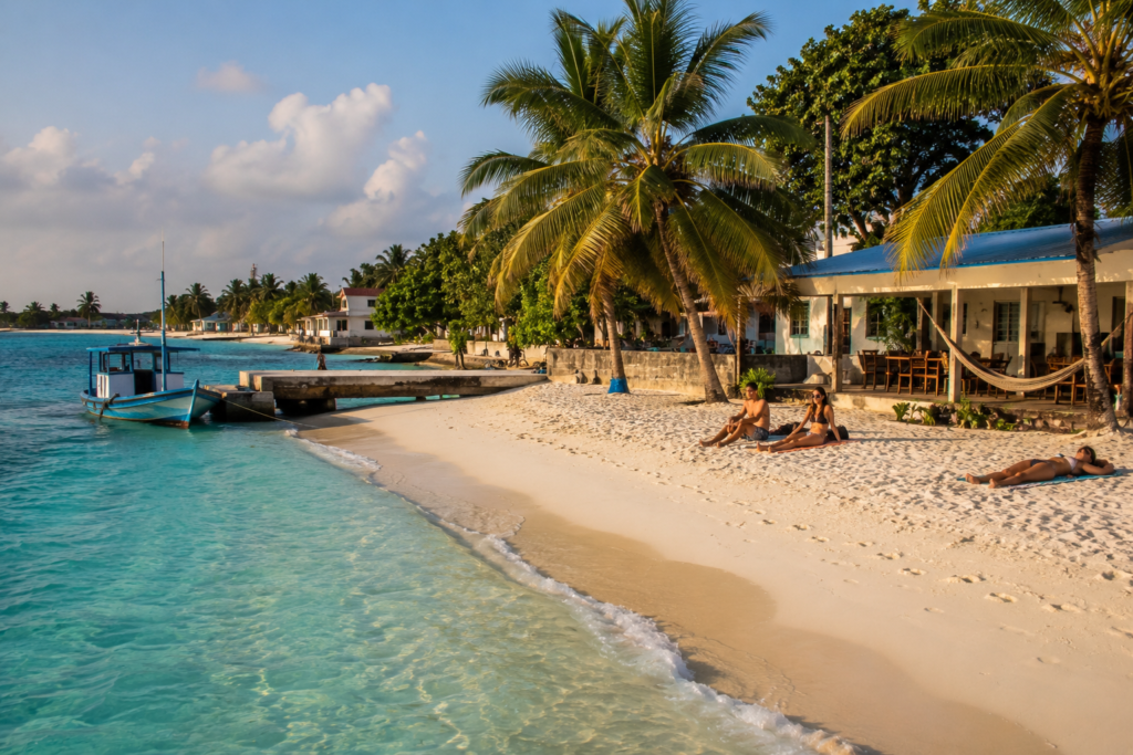 Maldives budget local island guesthouse bikini beach — pristine turquoise shallow water and white sand bikini beach with a family-run guesthouse terrace and hammock, local fishing boat at jetty and village visible through palm trees representing authentic local island budget travel