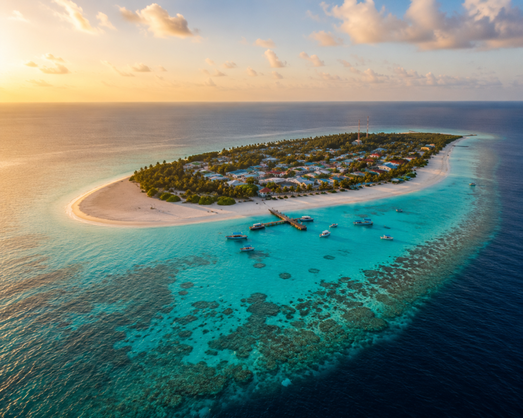 Maldives on a budget feature image — aerial view of a small inhabited Maldivian local island at golden hour showing the extraordinary turquoise lagoon and white sand beach against deep blue Indian Ocean with a modest village, palm trees and local boats at the jetty