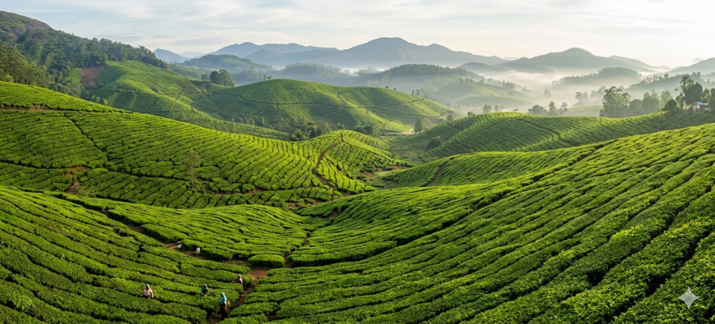 Peaceful green tea plantations in Munnar, India, a top destination for solo female travelers.