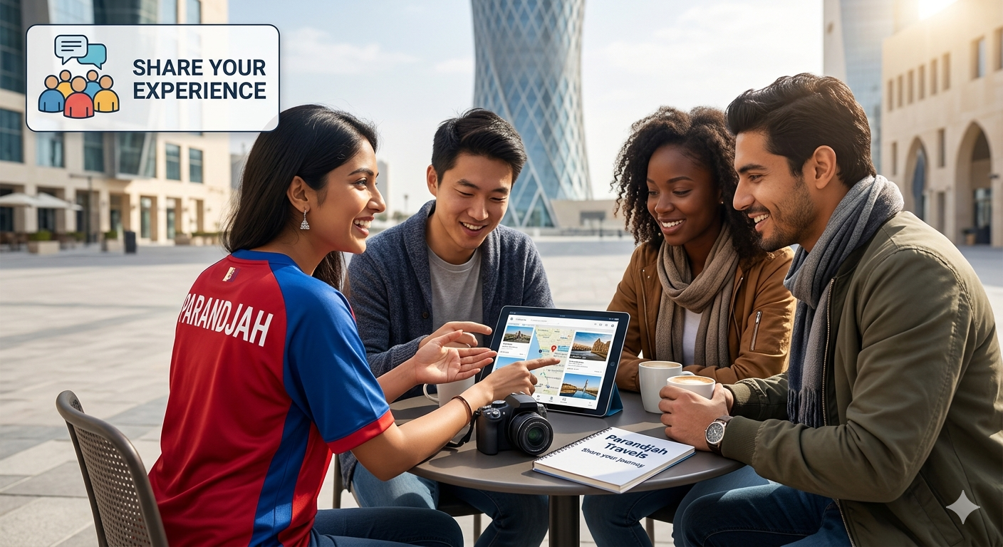 A diverse group of young travelers smiling and sharing travel photos on a smartphone at a sunlit urban cafe.