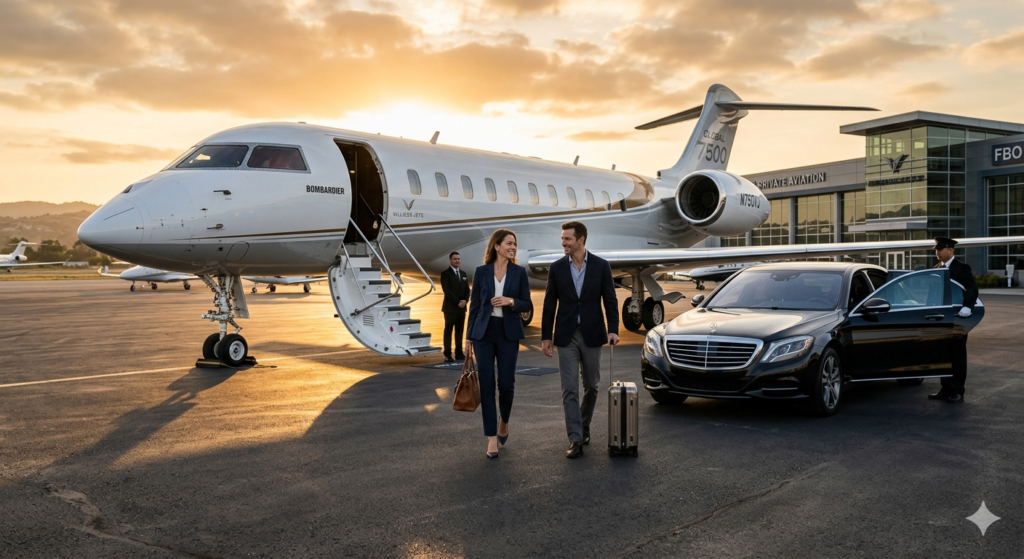 Luxury Bombardier Global 7500 private jet at sunset with professional travelers and a black Mercedes-Benz sedan.
