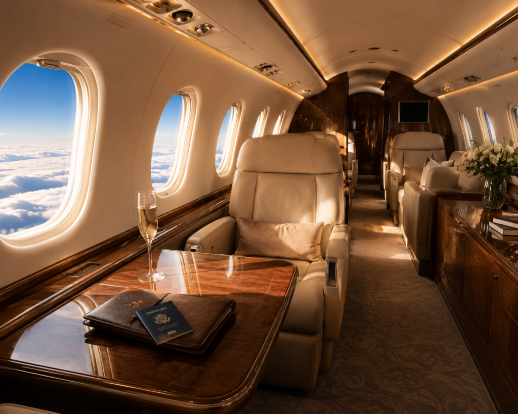Private jet charter guide feature image — spacious luxury private jet cabin interior in flight with cream leather reclining seats facing across a polished wood table, large oval windows showing brilliant blue sky at cruising altitude, champagne flute and leather travel wallet representing the exclusive private travel experience
