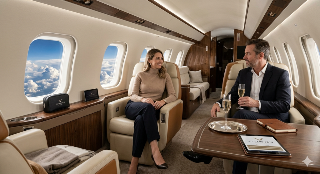 A man and woman enjoying champagne in a luxury Villiers Jets cabin, featuring premium cream leather seating, wood-finish interiors, and large windows with a cloud view, representing the elite experience of private jet rental in 2026