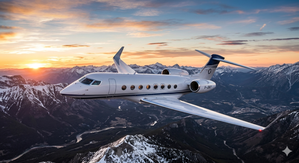 A luxury Gulfstream private jet rental flying over snow-capped mountains at sunset, representing the premium executive jet charter services offered by Villiers Jets in 2026