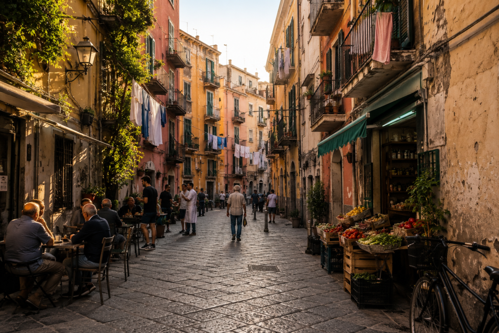 Slow travel Europe destinations local neighborhood — charming European cobblestone alley with colorful apartments, laundry between windows, local café with residents, small grocery shop and bicycle representing authentic slow travel neighborhood life