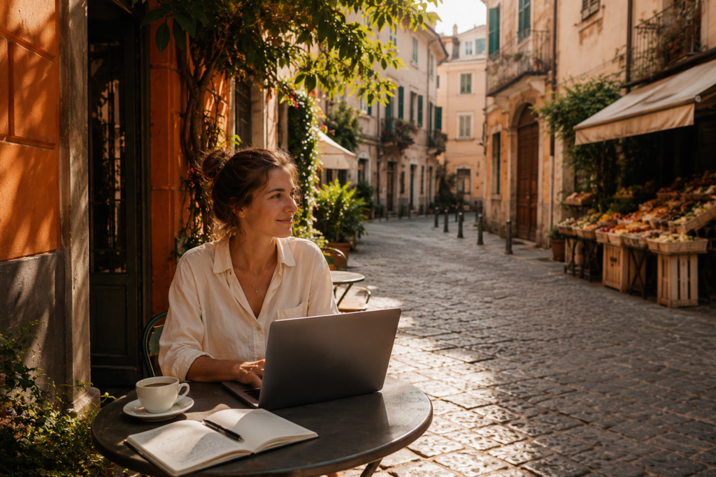 Slow travel Europe feature image — relaxed traveler at a sunlit European café table with laptop coffee and notebook on a quiet residential street representing the unhurried rhythm and deep contentment of slow travel