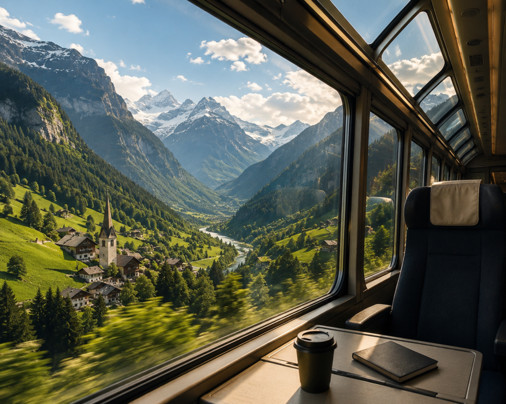 Travel Europe by train feature image — view from inside a high-speed European train through panoramic windows showing breathtaking alpine landscape with snow-capped peaks, green valley, river far below and small village with church spire representing the extraordinary pleasure of European rail travel