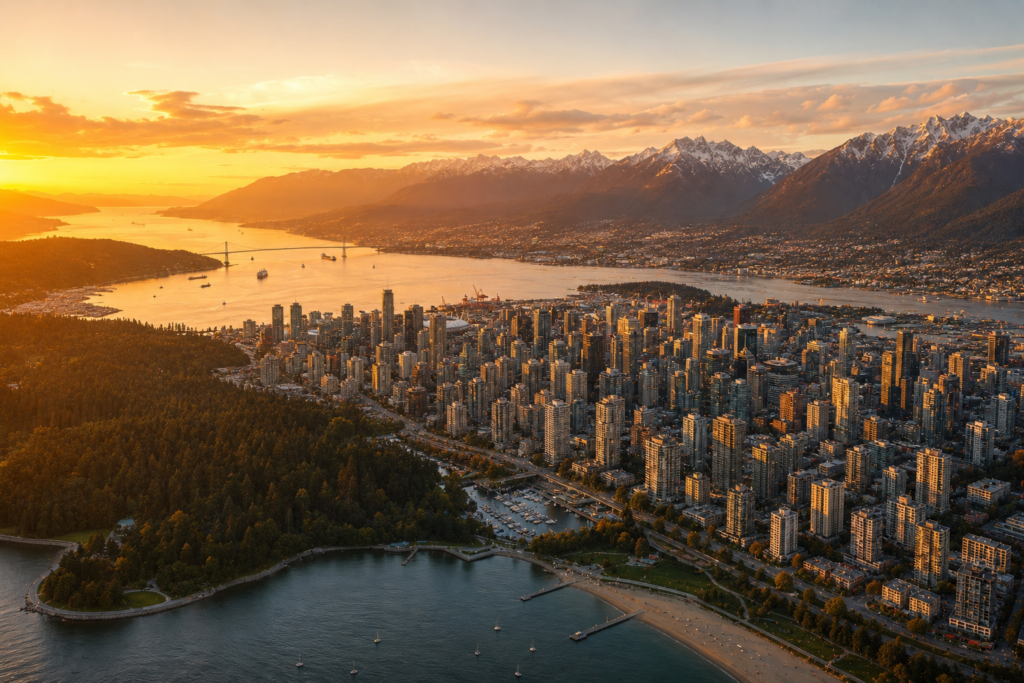 Vancouver travel guide feature image — aerial golden hour view showing the downtown glass tower skyline beside Stanley Park's rainforest canopy, Burrard Inlet reflecting amber light, snow-capped Coast Mountains behind the North Shore, English Bay beach in the foreground and Lions Gate Bridge spanning the inlet representing Vancouver's extraordinary mountain meets ocean geography