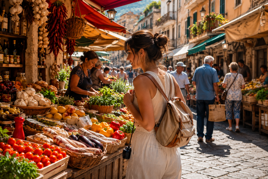 Traveler browsing a local outdoor market — one of the defining 2026 vacation trends combining slow travel with grocery store tourism and authentic cultural immersion