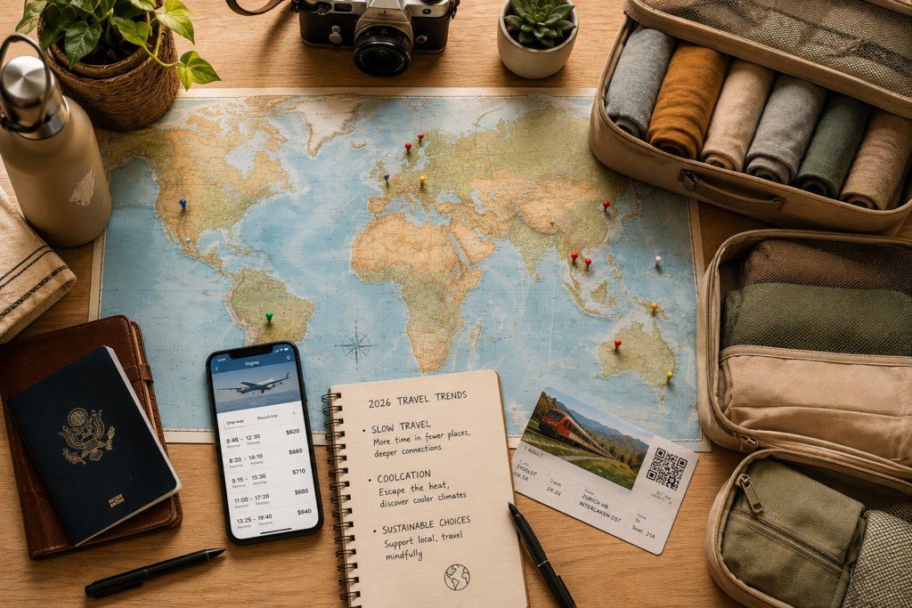 2026 vacation trends planning workspace — world map with destination pins, flight search app, travel notebook, passport and train ticket on a desk