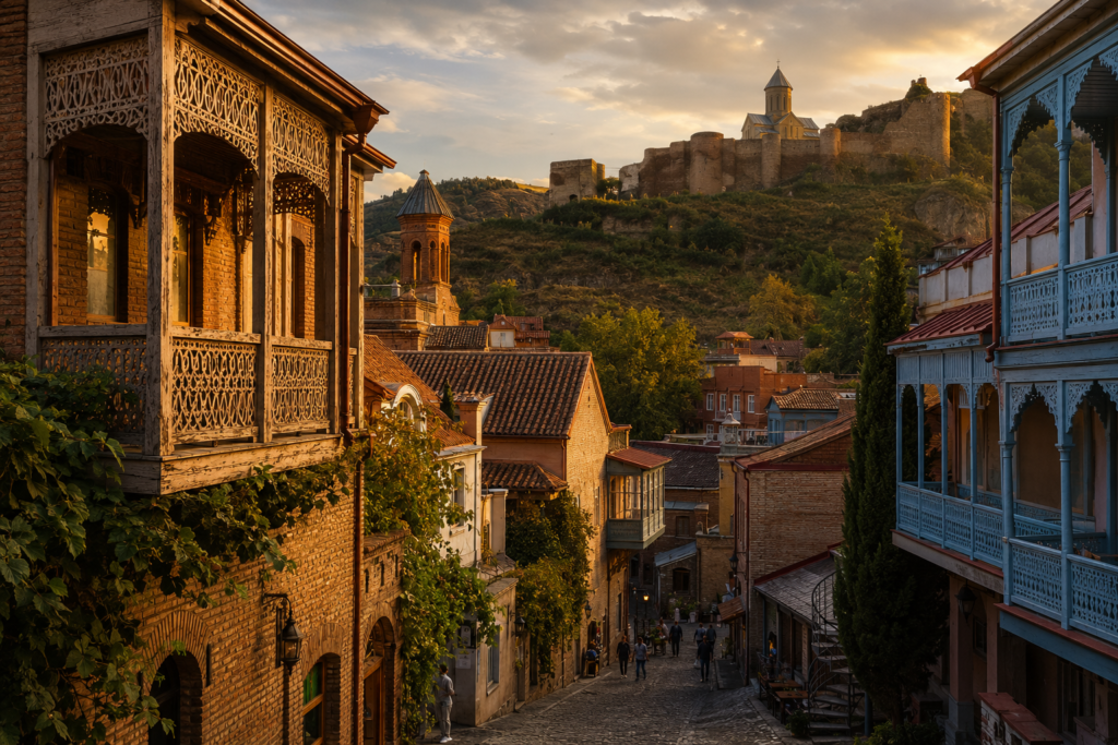 Tbilisi Georgia Old Town at golden hour — carved wooden balconies and cobblestone streets representing affordable Europe travel under $40 a day