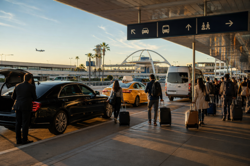 Airport to hotel transportation options feature image — busy international airport ground transportation zone with private transfer sedan, taxi and shuttle van at curbside pickup representing all transport options