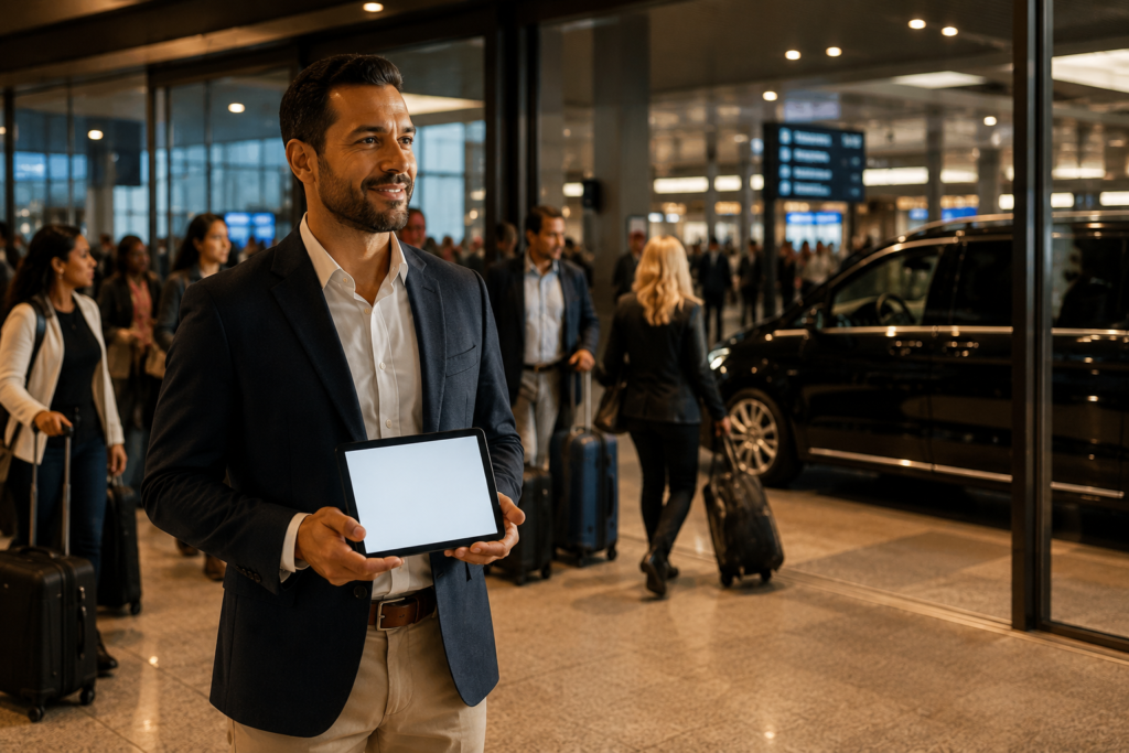 Airport to hotel transportation options — professional driver holding a tablet in an international airport arrivals hall with private transfer vehicle visible through glass doors behind them