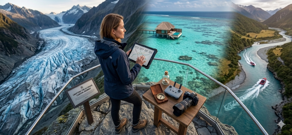 Custom travel planning concepts visualized through luxury island overwater villas and alpine glaciers.