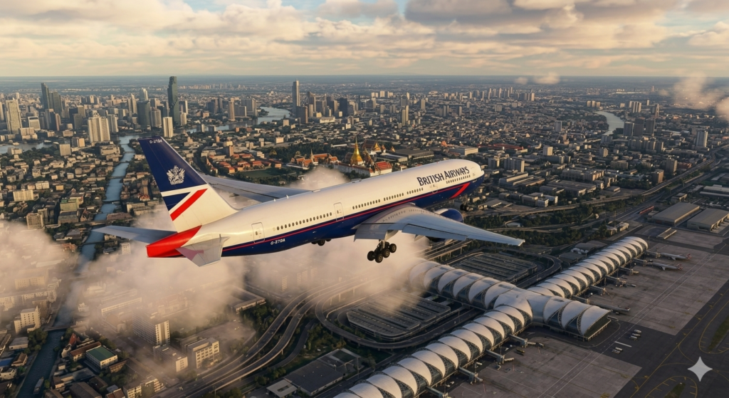 British Airways London to Bangkok flight descending into Suvarnabhumi Airport