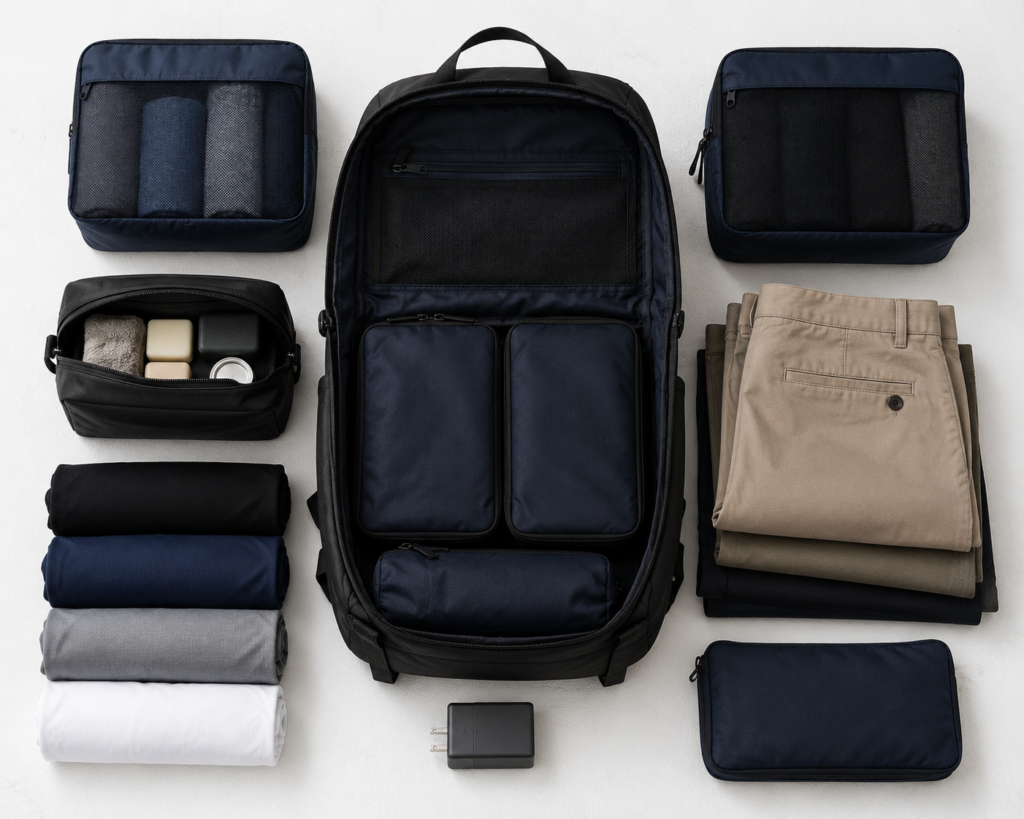Carry on only travel packing with color-coordinated packing cubes, neutral clothing, and solid toiletries laid out beside an open backpack